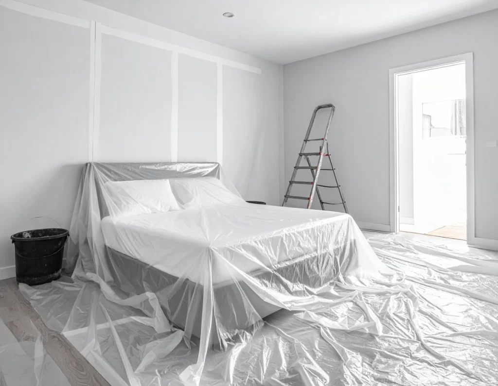 Room prepared for popcorn ceiling removal with plastic sheeting on bed, floor, and doorway.