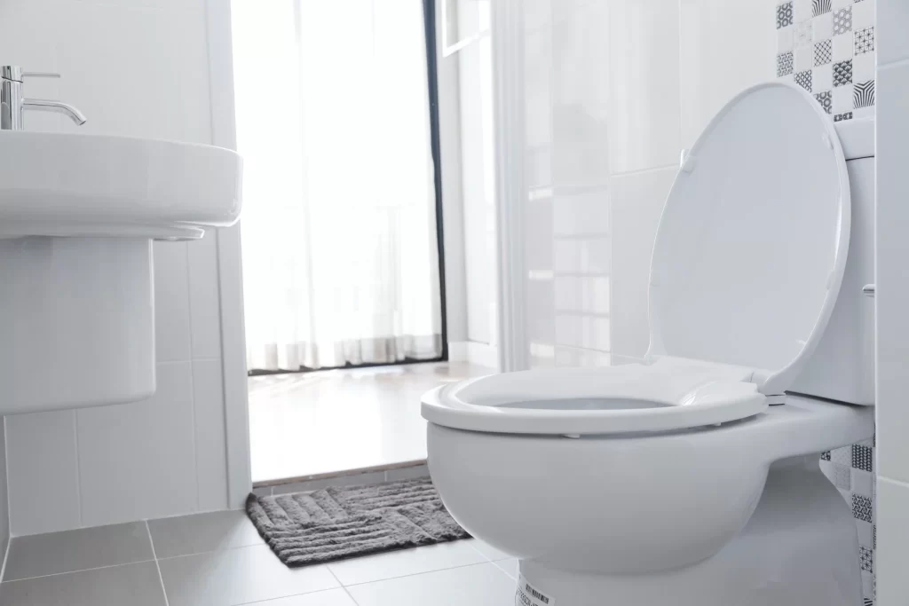 Installed modern toilet in a clean bathroom, illustrating the finished result of a DIY toilet installation project.