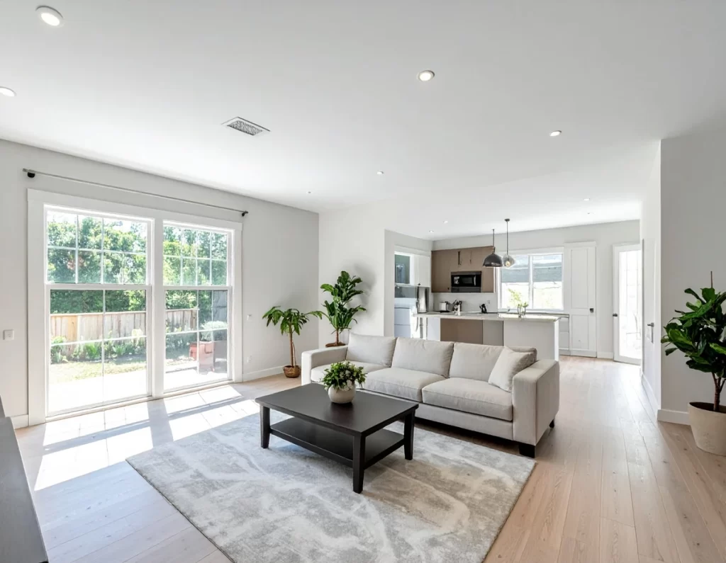 Smooth white ceiling in bright modern living room after popcorn ceiling removed