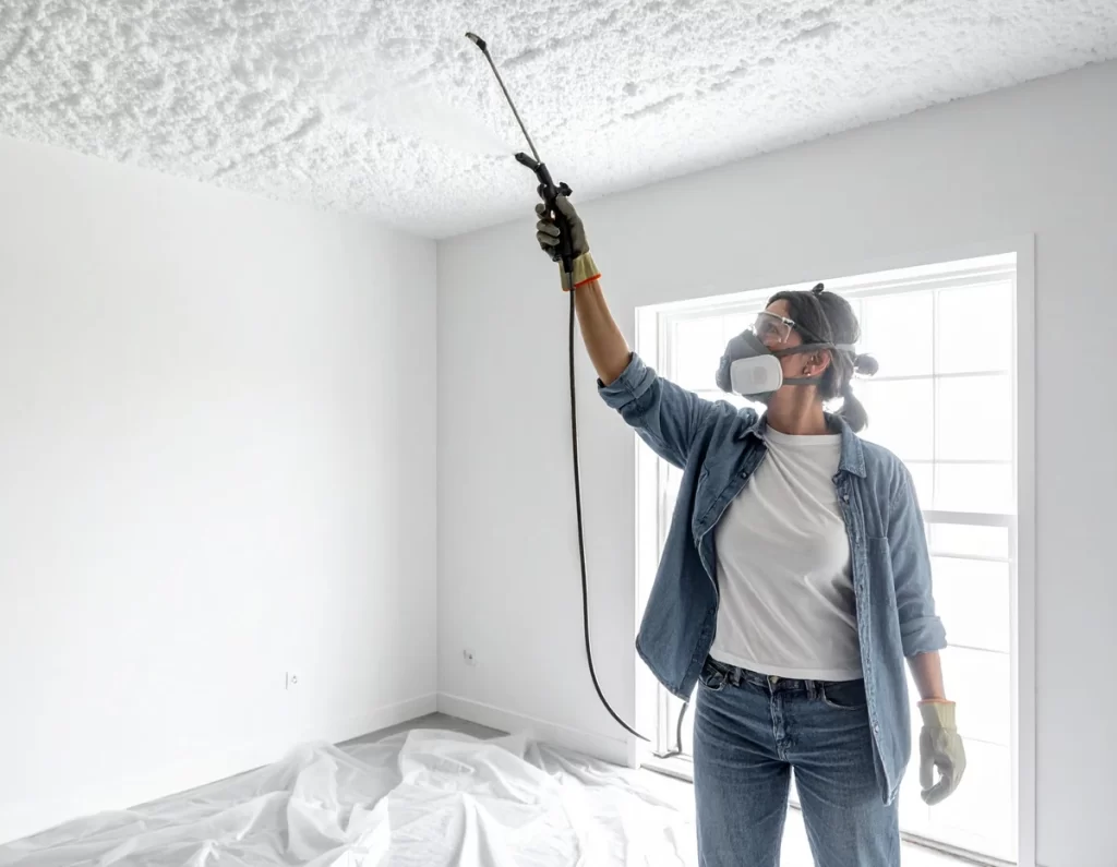 Person spraying water onto popcorn ceiling before scraping